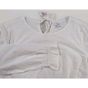 Crown & Ivy Blouse Women's PL White Eyelet Ruffle Long Sleeve Pull On Top